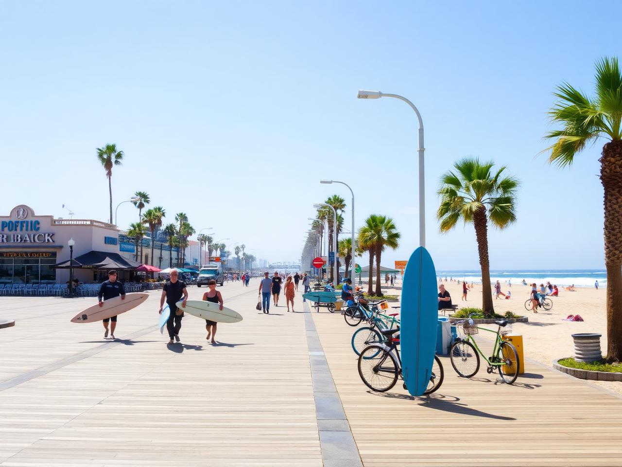 Surfers and beach cruisers on the Pacific Beach boardwalk in San Diego